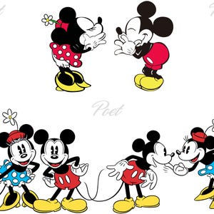 May include: A set of cartoon images featuring Mickey Mouse and Minnie Mouse. Mickey is in red shorts and yellow shoes, and Minnie is in a red polka-dot skirt and yellow shoes. The images are in a classic cartoon style, with a white background.