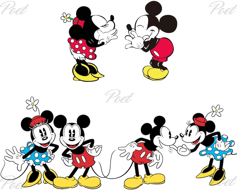 May include: A set of cartoon images featuring Mickey Mouse and Minnie Mouse. Mickey is in red shorts and yellow shoes, and Minnie is in a red polka-dot skirt and yellow shoes. The images are in a classic cartoon style, with a white background.