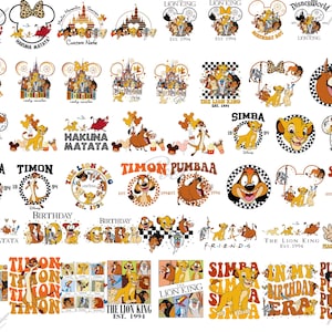 May include: A collection of colorful graphic designs featuring characters and themes from "The Lion King" animated film. Designs include Simba, Timon, Pumbaa, and the phrase "Hakuna Matata" in various styles, suitable for apparel or crafts.