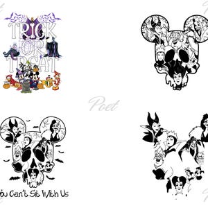 May include: Four Halloween-themed designs. One features Disney characters with the text "Trick or Treat". Three designs are black and white illustrations of Disney villains in the shape of Mickey Mouse heads, one with the text "You Can't Sit With Us".