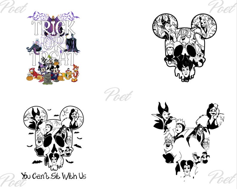 May include: Four Halloween-themed designs. One features Disney characters with the text "Trick or Treat". Three designs are black and white illustrations of Disney villains in the shape of Mickey Mouse heads, one with the text "You Can't Sit With Us".
