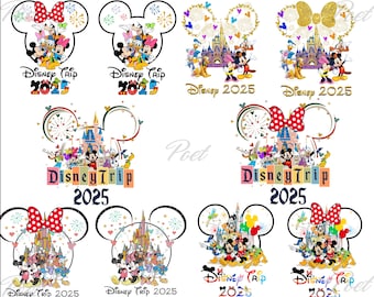May include: A collection of Disney-themed designs featuring Mickey Mouse, Minnie Mouse, and other characters. Each design includes the text "Disney Trip 2025" or "Disney 2025" with various castle and fireworks illustrations. The designs are in a cartoon style.