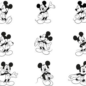 Puede incluir: Nueve ilustraciones en blanco y negro de Mickey Mouse en varias poses. Mickey se representa con sus ic&oacute;nicas orejas grandes, guantes blancos y pantalones cortos. Las ilustraciones est&aacute;n sobre un fondo blanco, con la palabra "Poet" en la esquina superior derecha.