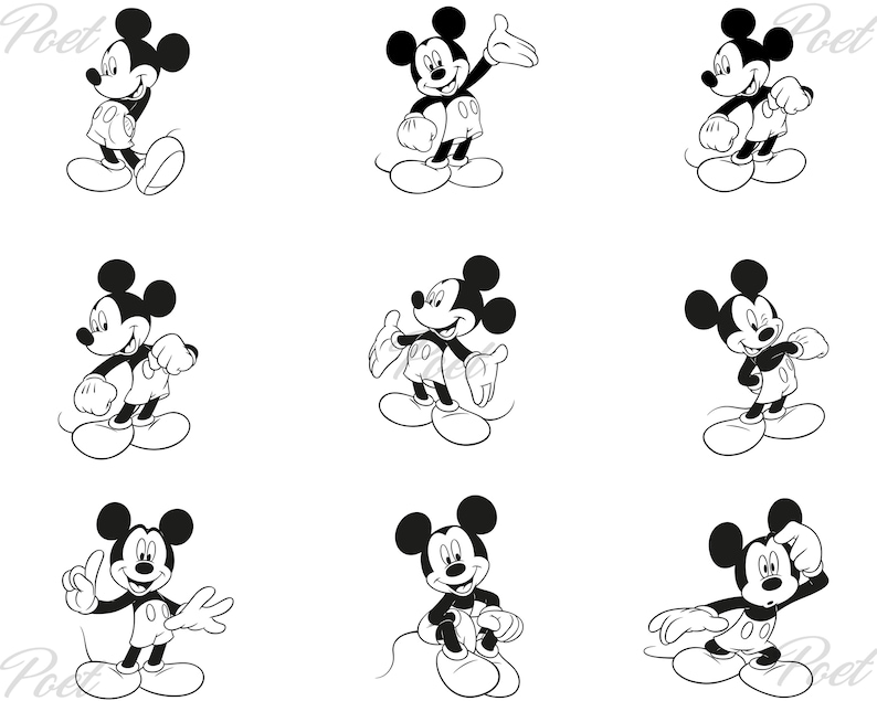 Puede incluir: Nueve ilustraciones en blanco y negro de Mickey Mouse en varias poses. Mickey se representa con sus ic&oacute;nicas orejas grandes, guantes blancos y pantalones cortos. Las ilustraciones est&aacute;n sobre un fondo blanco, con la palabra "Poet" en la esquina superior derecha.