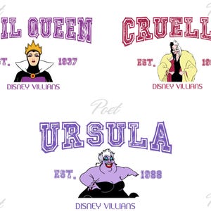 K&ouml;nnte beinhalten: Drei Grafikdesigns mit Disney-B&ouml;sewichten: Evil Queen, Cruella und Ursula. Jedes Design enth&auml;lt den Namen der Figur, das Gr&uuml;ndungsjahr und "Disney Villains". Evil Queen ist in Lila, Cruella in Rot und Ursula in Lila.