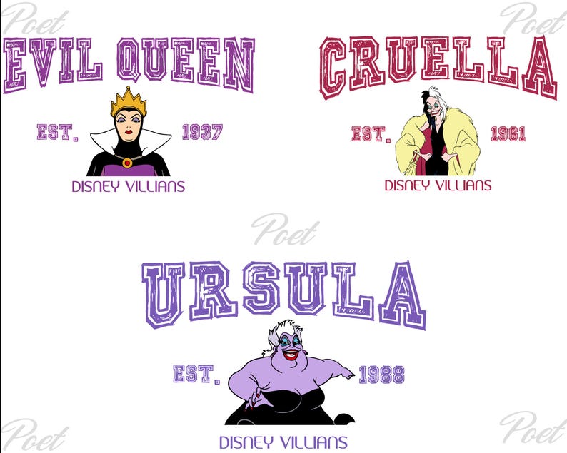 K&ouml;nnte beinhalten: Drei Grafikdesigns mit Disney-B&ouml;sewichten: Evil Queen, Cruella und Ursula. Jedes Design enth&auml;lt den Namen der Figur, das Gr&uuml;ndungsjahr und "Disney Villains". Evil Queen ist in Lila, Cruella in Rot und Ursula in Lila.