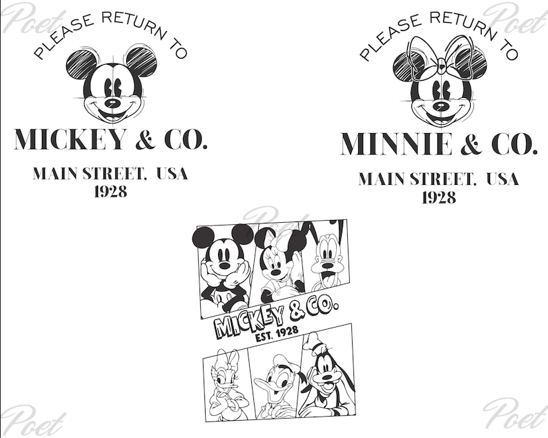 May include: Black and white graphic featuring Mickey Mouse and Minnie Mouse, with the text "PLEASE RETURN TO MICKEY & CO. MAIN STREET, USA 1928" and "PLEASE RETURN TO MINNIE & CO. MAIN STREET, USA 1928". A smaller graphic shows Mickey, Minnie, Goofy, Donald Duck, and Daisy Duck.