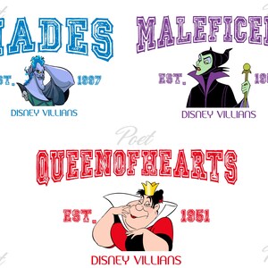 K&ouml;nnte beinhalten: Drei Designs mit Disney-B&ouml;sewichten: Hades, Maleficent und die Herzk&ouml;nigin. Jedes Design zeigt den Namen der Figur in einer College-Schriftart, den Text "EST." und ein Jahr. Die Worte "DISNEY VILLAINS" stehen am unteren Rand jedes Designs.