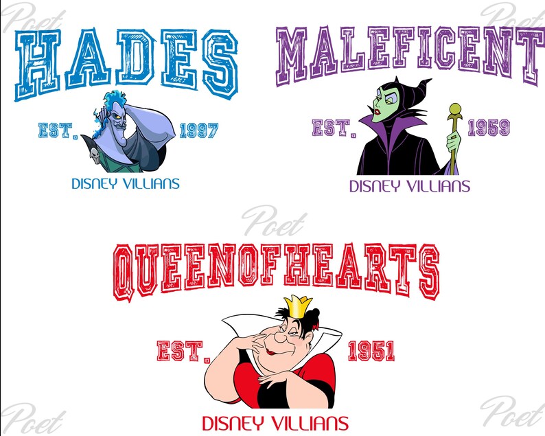 K&ouml;nnte beinhalten: Drei Designs mit Disney-B&ouml;sewichten: Hades, Maleficent und die Herzk&ouml;nigin. Jedes Design zeigt den Namen der Figur in einer College-Schriftart, den Text "EST." und ein Jahr. Die Worte "DISNEY VILLAINS" stehen am unteren Rand jedes Designs.