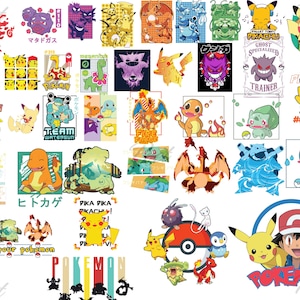 Pode incluir: Uma coleção de designs coloridos de personagens Pokémon, incluindo Pikachu, Charmander e outros, com texto japonês e frases em inglês como "Choose your Pokémon". Os designs apresentam várias poses e estilos.