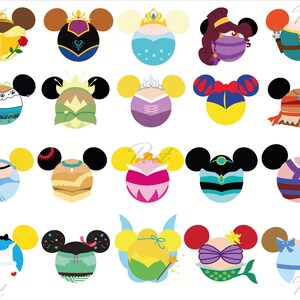 Könnte beinhalten: Eine Sammlung farbenfroher, cartoonartiger Illustrationen mit verschiedenen Disney-Prinzessinnen-Charakteren. Jeder Charakter wird durch ein kreisförmiges Design mit Mickey Mouse-Ohren dargestellt, das ihre einzigartigen Outfits und Accessoires zeigt. Die Designs sind lebendig und detailliert.