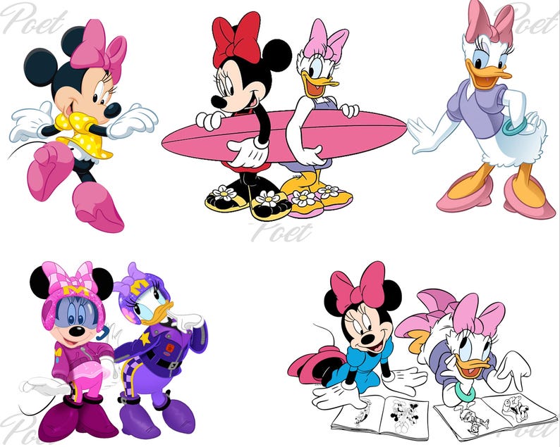 K&ouml;nnte beinhalten: Eine Sammlung von Cartoon-Illustrationen mit Minnie Mouse und Daisy Duck in verschiedenen Posen. Minnie wird mit einer rosa Schleife, einem gelben Kleid und rosa Schuhen gezeigt. Daisy wird mit einer rosa Schleife und einem lila Outfit gezeigt. Ein Bild zeigt sie mit einem Surfbrett.