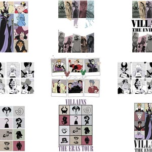 May include: A collage of images featuring various Disney villains. The images include portraits of the characters, mugshots, and themed icons. The text "VILLAINS THE EVIL TOUR" and "THE ERAS TOUR" are also present.