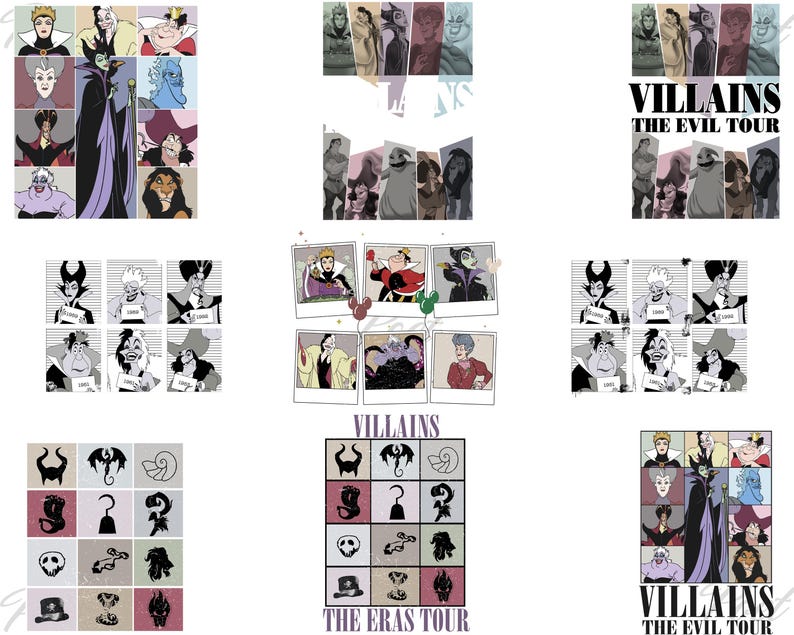 May include: A collage of images featuring various Disney villains. The images include portraits of the characters, mugshots, and themed icons. The text "VILLAINS THE EVIL TOUR" and "THE ERAS TOUR" are also present.