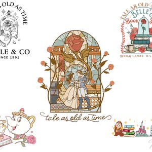 May include: Several illustrations inspired by a fairy tale, including a stained-glass design with a rose and dancing figures, a logo with a rose in a glass dome, and a teacup and teapot. Text includes "Tale as Old as Time" and "Belle & Co Since 1991".