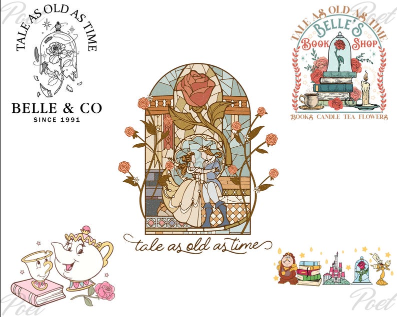May include: Several illustrations inspired by a fairy tale, including a stained-glass design with a rose and dancing figures, a logo with a rose in a glass dome, and a teacup and teapot. Text includes "Tale as Old as Time" and "Belle & Co Since 1991".