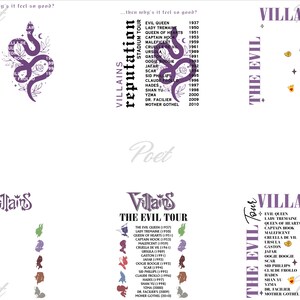 May include: A collection of purple graphic designs with the word "Villains" and the text "The Evil Tour" and "Reputation Stadium Tour". The designs include a snake, character silhouettes, and a list of villain names and years.