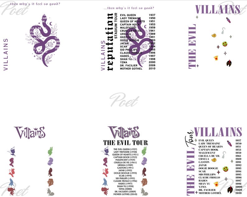 May include: A collection of purple graphic designs with the word "Villains" and the text "The Evil Tour" and "Reputation Stadium Tour". The designs include a snake, character silhouettes, and a list of villain names and years.