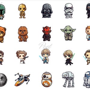May include: A collection of cartoon-style illustrations featuring characters and vehicles from the Star Wars franchise. The images include Boba Fett, C-3PO, Darth Vader, a Stormtrooper, and others. The Death Star, X-wing, and BB-8 are also depicted.