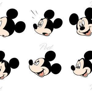 Puede incluir: Seis ilustraciones de dibujos animados de la cabeza de Mickey Mouse, cada una con una expresi&oacute;n diferente. La cara del personaje es de color rosa claro, con orejas negras y una nariz negra. Las expresiones var&iacute;an de sorprendido a feliz, sobre fondo blanco.