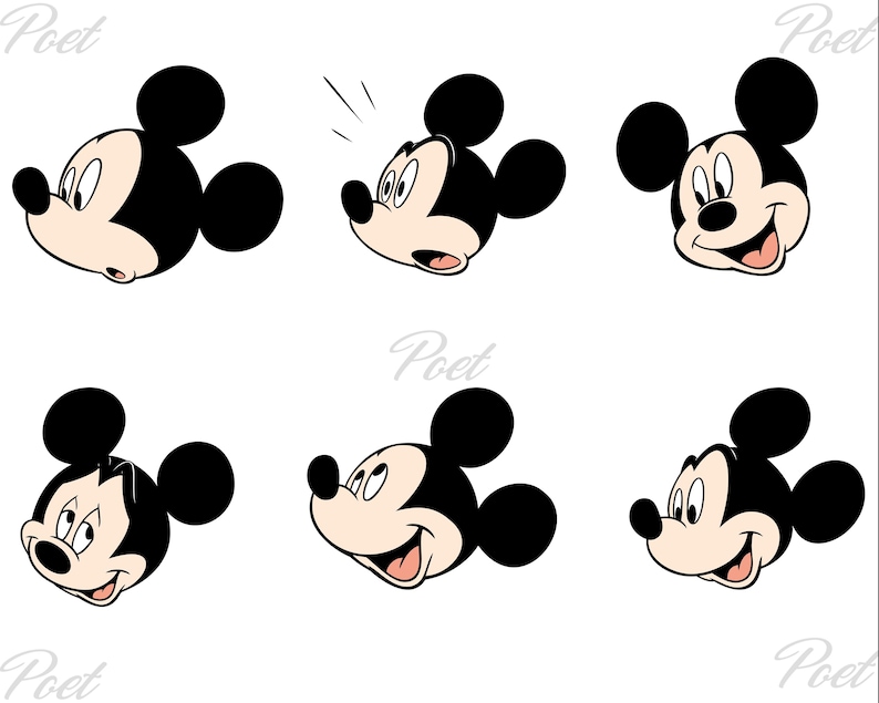 Puede incluir: Seis ilustraciones de dibujos animados de la cabeza de Mickey Mouse, cada una con una expresi&oacute;n diferente. La cara del personaje es de color rosa claro, con orejas negras y una nariz negra. Las expresiones var&iacute;an de sorprendido a feliz, sobre fondo blanco.