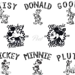 K&ouml;nnte beinhalten: Schwarz-Wei&szlig;-Illustrationen der Disney-Figuren Daisy, Donald, Goofy, Mickey, Minnie und Pluto. Mickey und Minnie sind in kreisf&ouml;rmigen Designs mit den Texten "1928" und "Mouse". Das Bild hat einen Vintage-Skizzenstil.