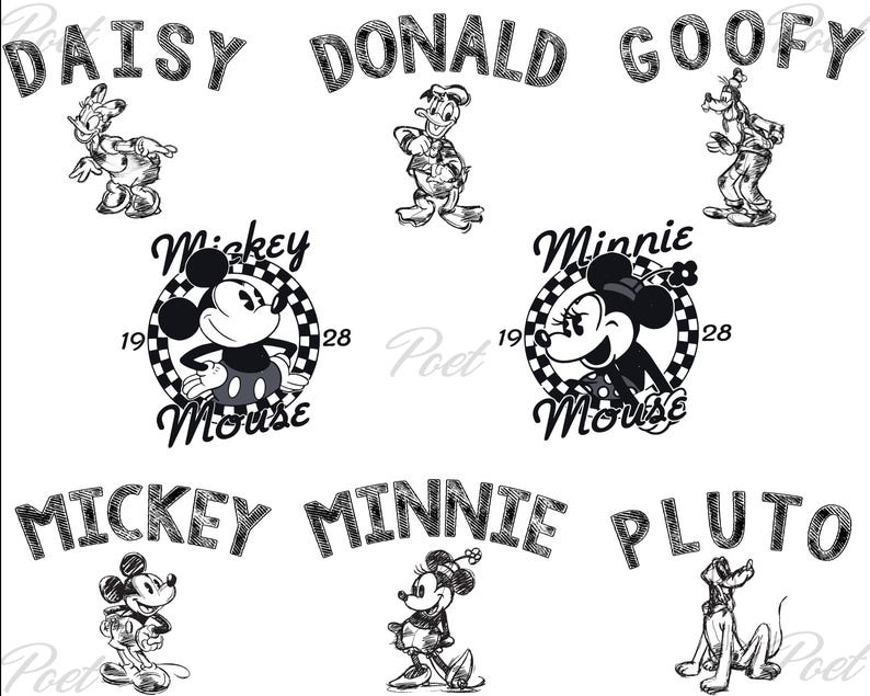 K&ouml;nnte beinhalten: Schwarz-Wei&szlig;-Illustrationen der Disney-Figuren Daisy, Donald, Goofy, Mickey, Minnie und Pluto. Mickey und Minnie sind in kreisf&ouml;rmigen Designs mit den Texten "1928" und "Mouse". Das Bild hat einen Vintage-Skizzenstil.