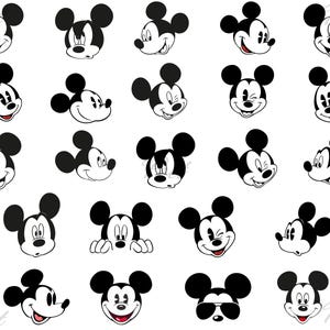 Puede incluir: Una colección de ilustraciones en blanco y negro de la cabeza de Mickey Mouse en varias poses. Las icónicas orejas y expresiones faciales del personaje de dibujos animados se presentan en un patrón repetitivo. La palabra "Poet" está en la esquina inferior derecha.