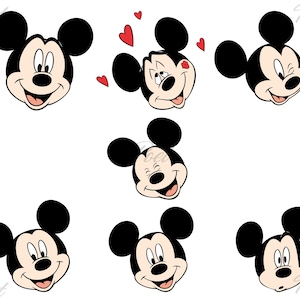 Puede incluir: Una colecci&oacute;n de ilustraciones de dibujos animados que presentan la cara de Mickey Mouse con varias expresiones. Las im&aacute;genes muestran a Mickey sonriendo, gui&ntilde;ando un ojo y enviando besos, todo en su caracter&iacute;stico esquema de color negro, blanco y rojo.