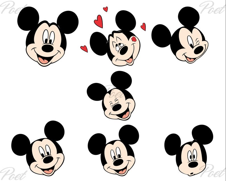 Puede incluir: Una colecci&oacute;n de ilustraciones de dibujos animados que presentan la cara de Mickey Mouse con varias expresiones. Las im&aacute;genes muestran a Mickey sonriendo, gui&ntilde;ando un ojo y enviando besos, todo en su caracter&iacute;stico esquema de color negro, blanco y rojo.