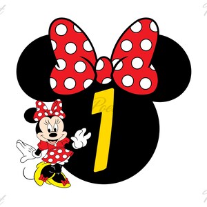 May include: A graphic featuring Minnie Mouse with a red polka dot bow and dress, and a large black silhouette of her head. A yellow number 1 is centered, suggesting a first birthday theme. The design is on a white background.