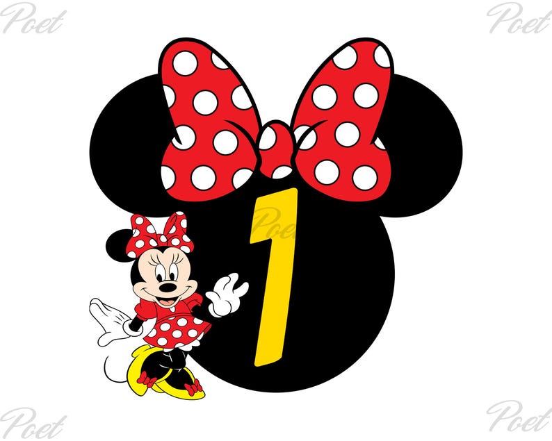 May include: A graphic featuring Minnie Mouse with a red polka dot bow and dress, and a large black silhouette of her head. A yellow number 1 is centered, suggesting a first birthday theme. The design is on a white background.