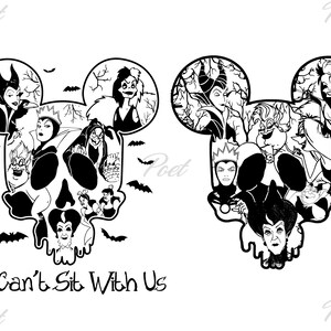 May include: Black and white graphic featuring two Mickey Mouse head silhouettes filled with Disney villains. The phrase "You Can't Sit With Us" is at the bottom. Bats are scattered around the images.