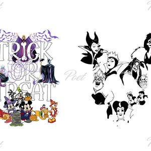 May include: Two Halloween-themed designs. One features Disney characters with the text "Trick or Treat" and the other showcases Disney villains in a Mickey Mouse head shape. Both are black and white illustrations with purple accents.