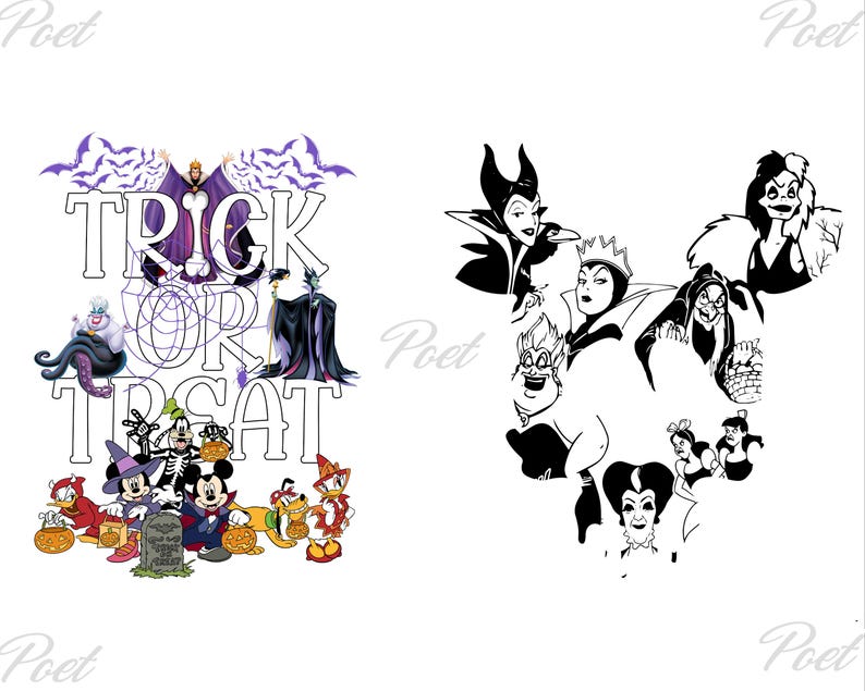 May include: Two Halloween-themed designs. One features Disney characters with the text "Trick or Treat" and the other showcases Disney villains in a Mickey Mouse head shape. Both are black and white illustrations with purple accents.