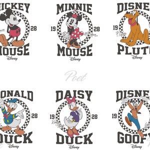May include: Six Disney character designs on a white background. Mickey Mouse, Minnie Mouse, Pluto, Donald Duck, Daisy Duck, and Goofy are featured in a circular checkered frame with the year 1928. Each character's name is below.