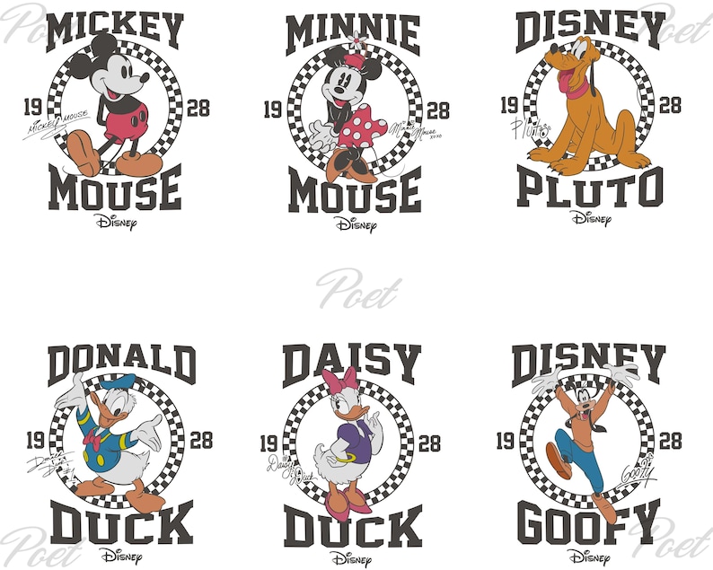 May include: Six Disney character designs on a white background. Mickey Mouse, Minnie Mouse, Pluto, Donald Duck, Daisy Duck, and Goofy are featured in a circular checkered frame with the year 1928. Each character's name is below.