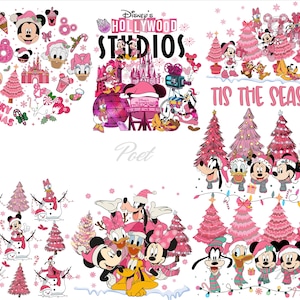 Pink Mickey Mouse and Minnie Mouse Png, Merry Christmas Png, Daisy, Donald, Pluto, Goofy, Digital Download Png