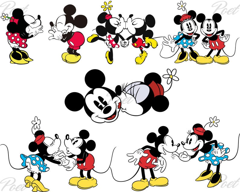 May include: A series of cartoon illustrations of Mickey and Minnie Mouse. Mickey is depicted in red shorts, while Minnie wears a red or blue polka dot skirt. Some images show them interacting, holding hands or kissing. The characters are set against a white background.