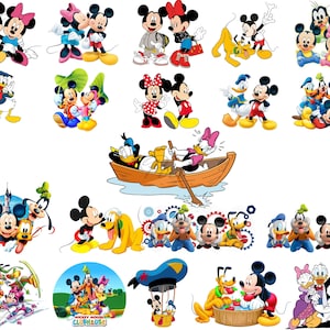 K&ouml;nnte beinhalten: Eine Sammlung farbenfroher Cartoon-Illustrationen mit Micky Maus, Minnie Maus, Donald Duck, Daisy Duck, Goofy und Pluto. Verschiedene Posen und Szenen, darunter Charaktere in einem Boot und in Gruppen.