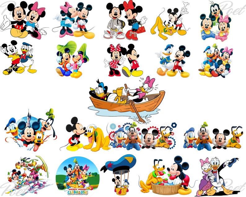 K&ouml;nnte beinhalten: Eine Sammlung farbenfroher Cartoon-Illustrationen mit Micky Maus, Minnie Maus, Donald Duck, Daisy Duck, Goofy und Pluto. Verschiedene Posen und Szenen, darunter Charaktere in einem Boot und in Gruppen.