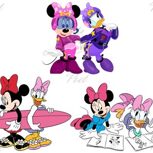 K&ouml;nnte beinhalten: Eine Sammlung von Cartoon-Illustrationen mit Minnie Maus und Daisy Duck. Die Bilder zeigen die Charaktere in verschiedenen Outfits, darunter Rennkleidung und Freizeitkleidung, mit einem Surfbrett und Malb&uuml;chern.