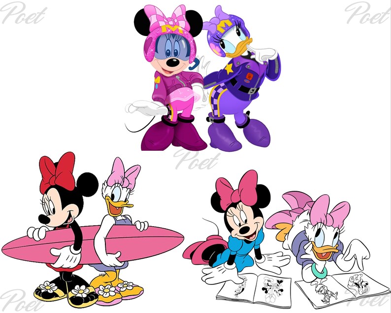 K&ouml;nnte beinhalten: Eine Sammlung von Cartoon-Illustrationen mit Minnie Maus und Daisy Duck. Die Bilder zeigen die Charaktere in verschiedenen Outfits, darunter Rennkleidung und Freizeitkleidung, mit einem Surfbrett und Malb&uuml;chern.
