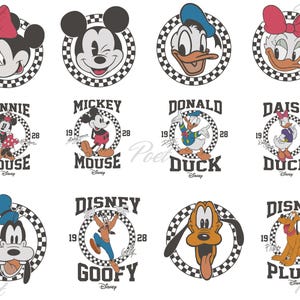 Könnte beinhalten: Eine Sammlung von Disney-Charakterdesigns, darunter Minnie Mouse, Mickey Mouse, Donald Duck, Daisy Duck, Goofy und Pluto. Jeder Charakter wird in einem kreisförmigen Design mit einem karierten Rand und dem Text "Disney" dargestellt.