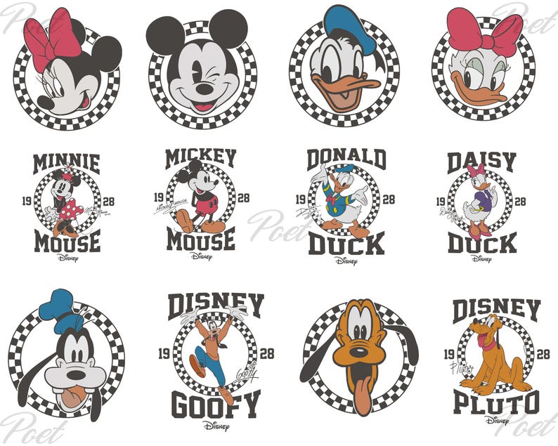 May include: A collection of Disney character designs, including Minnie Mouse, Mickey Mouse, Donald Duck, Daisy Duck, Goofy, and Pluto. Each character is featured in a circular design with a checkered border and the text "Disney".