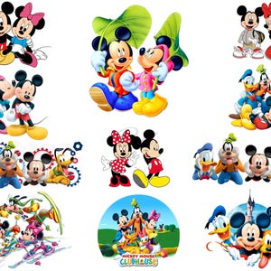 K&ouml;nnte beinhalten: Eine Sammlung von Cartoon-Bildern mit Micky Maus, Minnie Maus, Donald Duck, Goofy und Pluto. Die Bilder zeigen die Charaktere in verschiedenen Posen und Umgebungen, mit leuchtenden Farben und klassischen Designs.