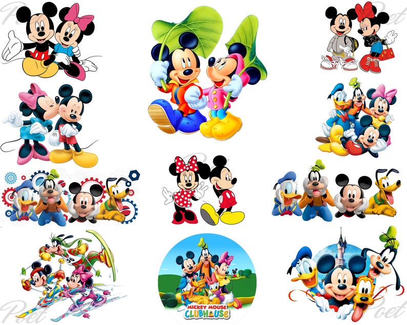 K&ouml;nnte beinhalten: Eine Sammlung von Cartoon-Bildern mit Micky Maus, Minnie Maus, Donald Duck, Goofy und Pluto. Die Bilder zeigen die Charaktere in verschiedenen Posen und Umgebungen, mit leuchtenden Farben und klassischen Designs.