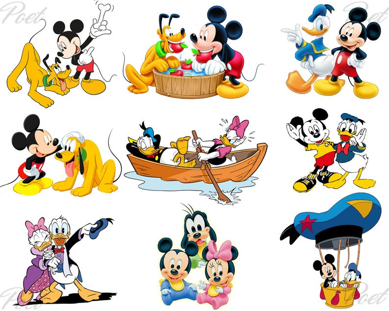 K&ouml;nnte beinhalten: Eine Sammlung von Cartoon-Illustrationen mit Micky Maus, Donald Duck, Pluto, Goofy und Minnie Maus. Die Bilder zeigen verschiedene Szenen der Charaktere, die interagieren, darunter Bootfahren, Baden und Fahren in einem Hei&szlig;luftballon.