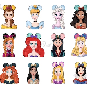 Prinzessinnen PNG Cliparts Bundle, alle Prinzessinnen PNG Cartoon Sublimationscliparts, Prinzessinnenfilm Themed Clip Arts Sammlung, Prinzessin PNG