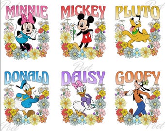 Spring Floral Mouse And Friends, Micky Mouse and Friends with Flowers Png, Minnie Mouse PNG, Daisy, Donald, Goofy, Pluto Png, Friends Png,